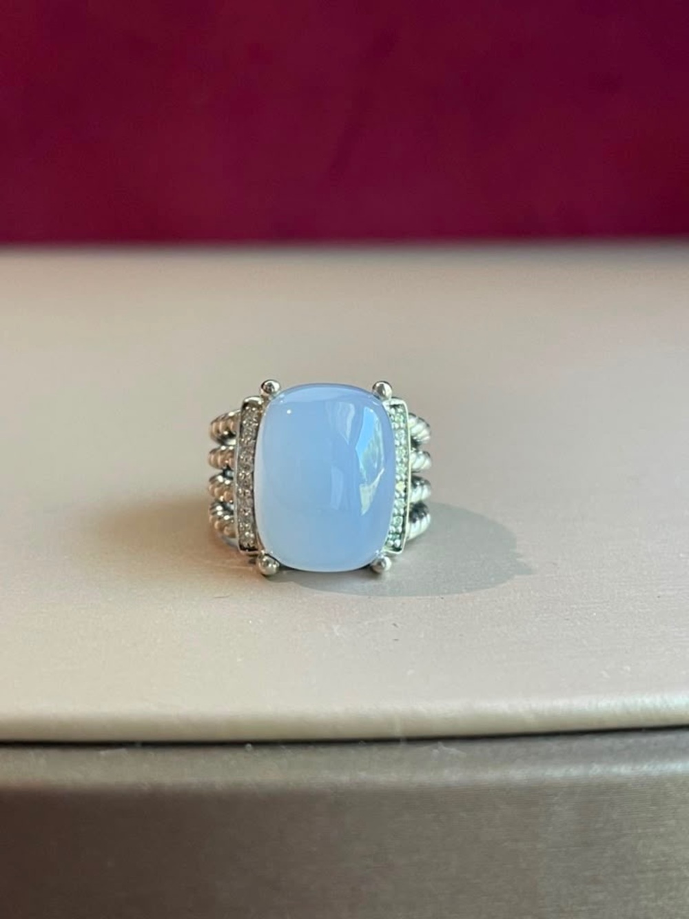 David Yurman Wheaton 16x12  Sterling Silv Diamond Ring  Blue Chalcedony Size 6.5